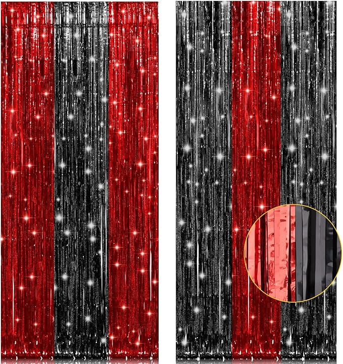 PIGETALE, 2 Pack 3.2x8.2 Feet Black and Red Foil Fringe Curtains Party by welcomePIGETALE