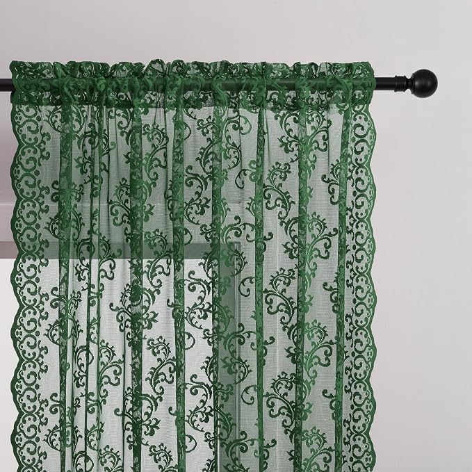 FOLKSIDE Dark Green Lace Curtains 63 Inch Length 2 Panels Paisley Floral Lace - Image 3