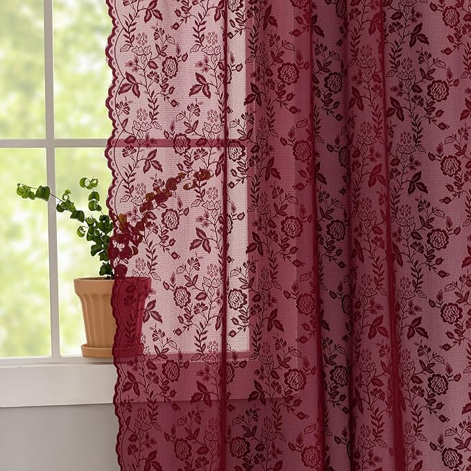 FINECITY Burgundy Lace Sheer Curtains Vintage Floral 42 x 72 Inch, 2 Panels | - Image 4
