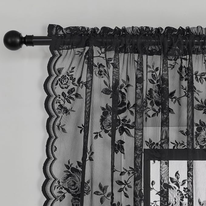 SEEKRIGHT Black Lace Cafe Curtains 36 Inch Length Rod Pocket Privacy Sheer - Image 4
