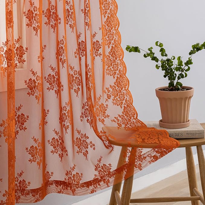 Kotile Burnt Orange Floral Sheer Curtains - Image 6