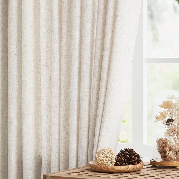 Vision Home Natural Pinch Pleated Semi Sheer Curtains Textured Linen Blended Light Filtering Window Curtains 84 inch for Living Room Bedroom Pinch Pleat Drapes with Hooks 2 Panels 42" Wx84 L