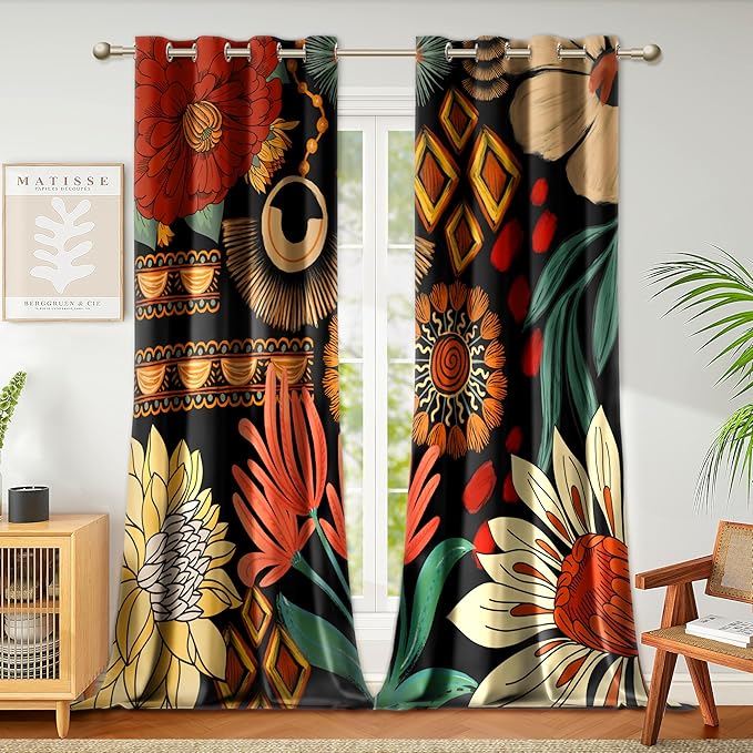 Tyrot 100% Blackout Black Boho Floral Curtains by TyrotHomeDecor