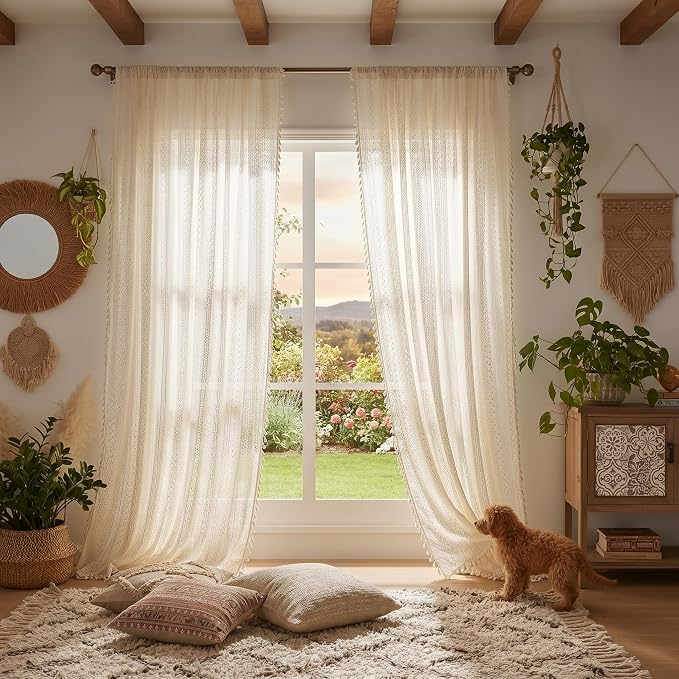 WAZZIO Boho Lace Curtains 102 Inch 2 Panel, Light Filtering Privacy Tassel & - Image 4