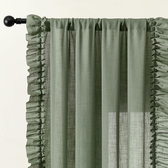 Dark Sage Green Ruffle Curtains Boho Farmhouse 58 x 72 Inch, 2 Panels | Rod - Image 3