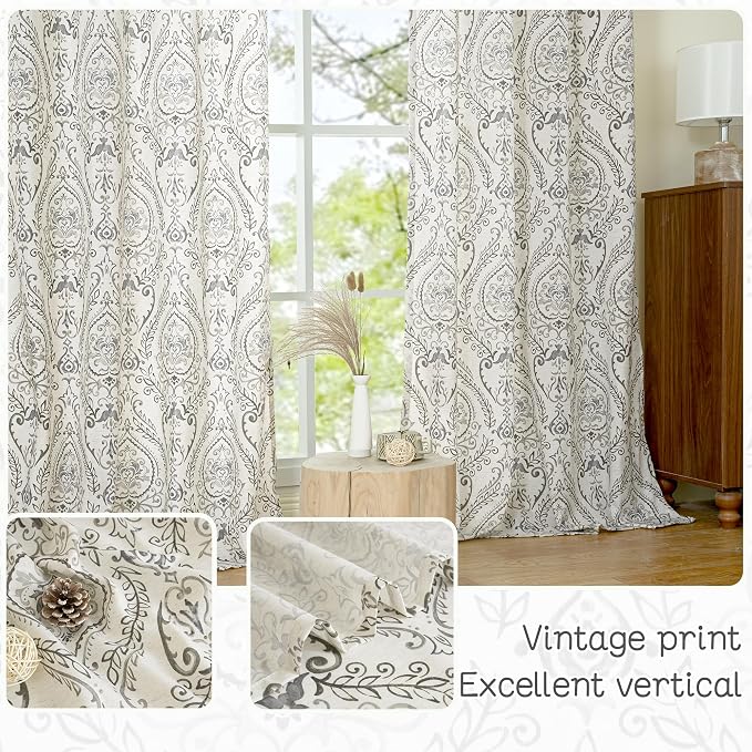 Grey Linen Curtains for Bedroom 63 inch Length, Light Filtering Printed Linen - Image 4