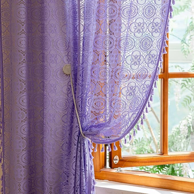 YJ YANJUN Boho Lace Curtains, Light Purple Sheer Panels, 59x96 inch, Pair | - Image 5