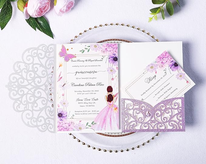PONATIA 20 PCS Laser Cut Wedding Invitations Pockets with Envelopes for Wedding Party Bridal Shower Engagement Birthday Invite (Purple Glitter)