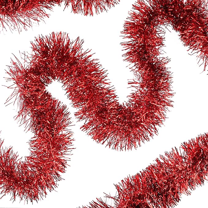 32.8 Ft Red Christmas Tinsel Garland Metallic Shiny Tassle Banner Wall Hanging Tinsel Streamers Backdrop for Christmas Holiday Birthday Party Supplies Indoor Outdoor Ornaments Home Decor