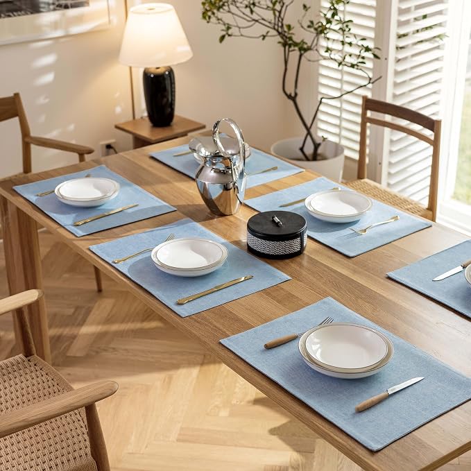 Demetex Placemats Set of 8 Heat Resistant Blue Placemats Soft Washable Linen - Image 7