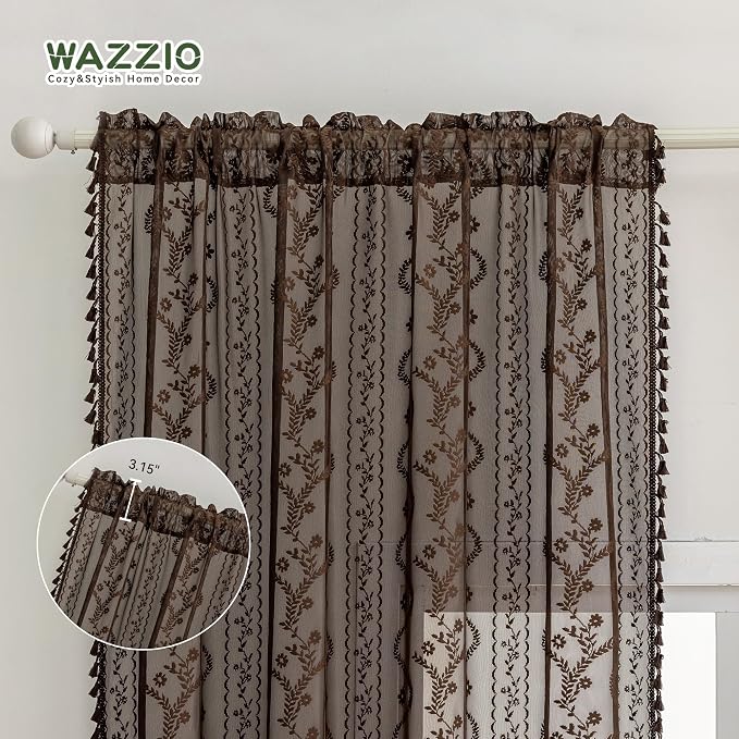 WAZZIO Boho Lace Curtains 2 Panels 63 Inch -Victorian Sheer Panel Drape French - Image 6