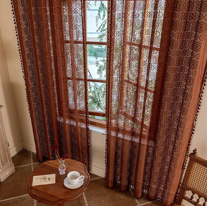 YJ YANJUN Boho Lace Curtains, 59x72 inch, Camrel Brown Sheer Window Panels | - Image 4
