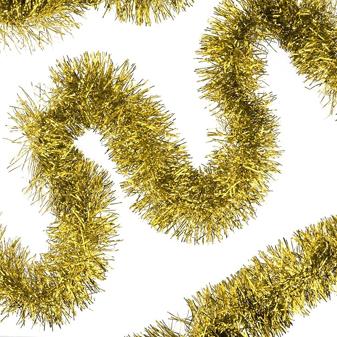 32.8 Ft Gold Christmas Tinsel Garland Metallic Shiny Tassle Banner Wall Hanging Tinsel Streamers Backdrop for Christmas Holiday Birthday Party Supplies Indoor Outdoor Ornaments Home Decor