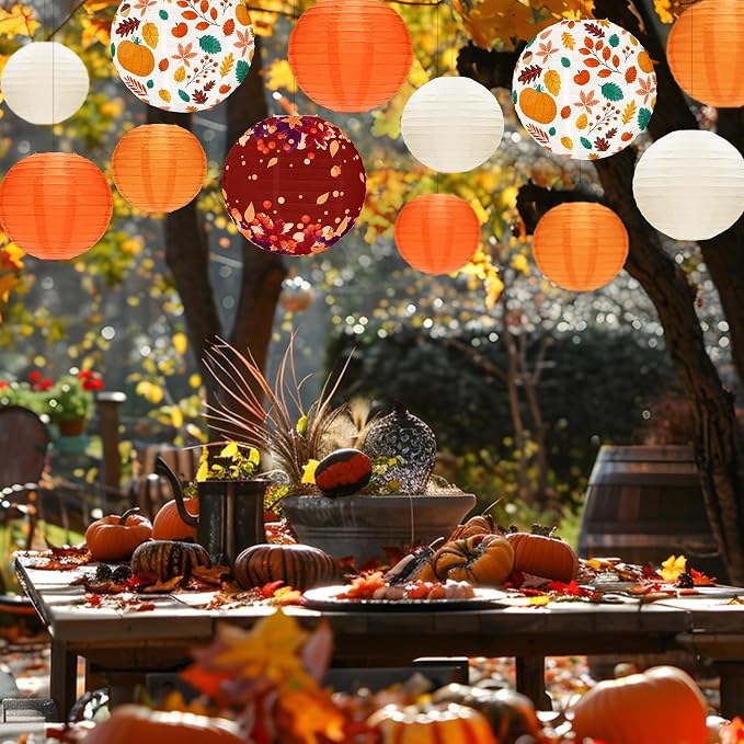 12PCS Fall Paper Lanterns Orange Maple Leaves Thanksgiving Decor | Orange - Image 5