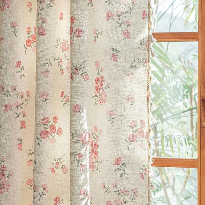 ENJOYBRIDAL Pink Floral Curtains 84 Inches Long 2 Panels Boho Tassel Drapes - Image 5