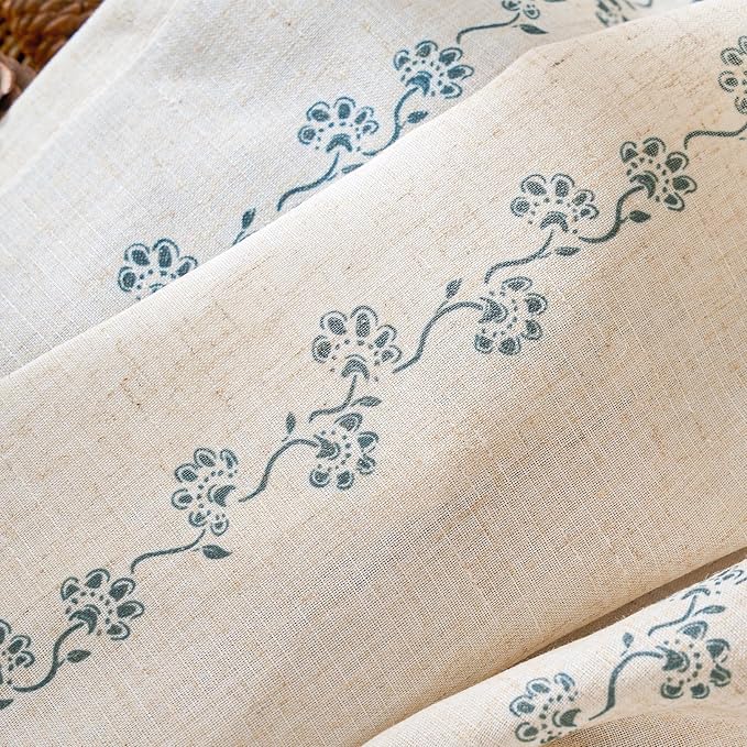 Cathy Blue Linen Floral Curtains 84 inches Long Semi Sheer Drapes 2 Panels - Image 3
