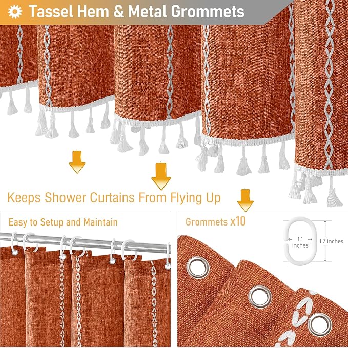 54 x 72 Boho Linen Heavy Duty Cloth Shower Curtain Set, Burnt Orange | Small - Image 5