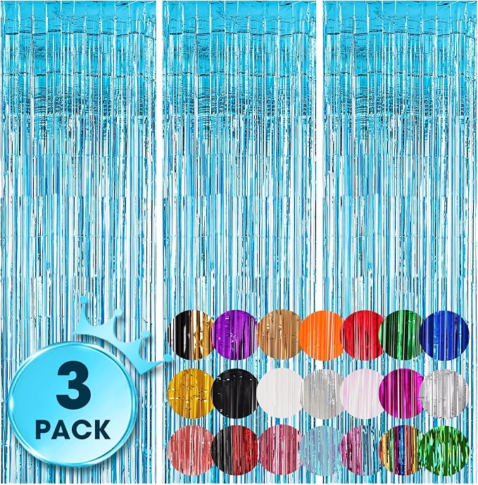 Voircoloria Light Blue Foil Fringe Backdrop Curtains, 3 Pack | Tinsel Streamers by Voircoloria