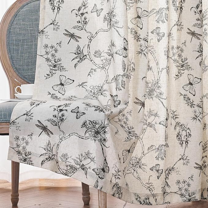Black Floral Linen Curtains Farmhouse Rod Pocket 50W X 90L 2 Panels | Charlotte - Image 9