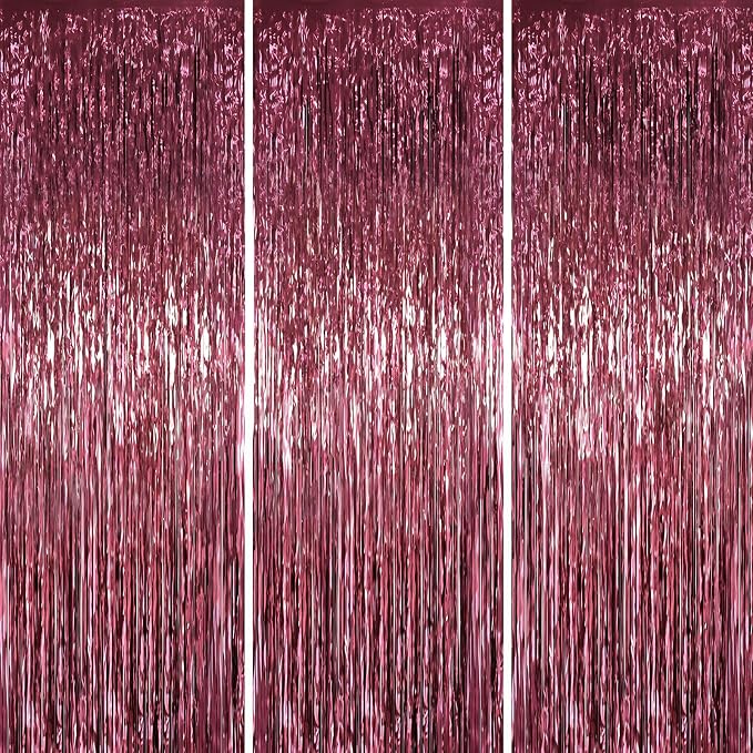 Voircoloria Burgundy Foil Fringe Backdrop Curtains, Birthday Party Decorations by Voircoloria