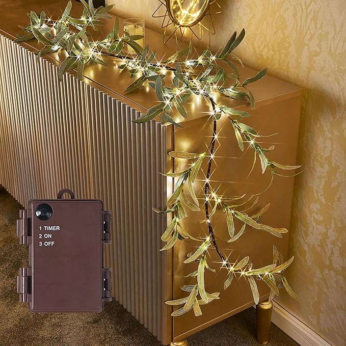 Birchlitland Lighted Olive Garland Battery Operated with Timer 6FT 96 LED Fairy Lights, Faux Vine with Lights for Mantel Fireplace Wall Patio Wedding and Holiday Decor
