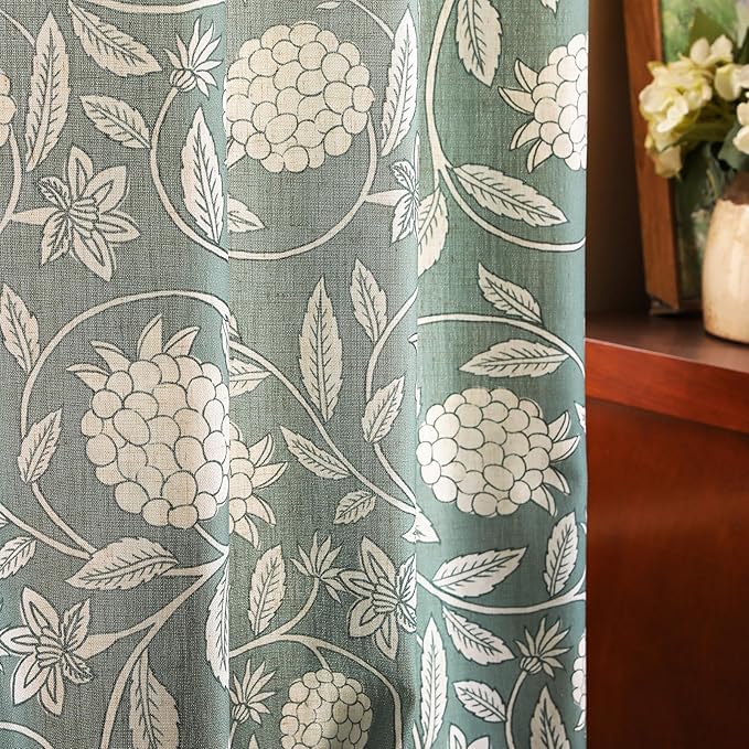 Designer Vintage Linen Printed Curtains, 2 Panels, Floral Pattern Draps by Isaennehomedecoration