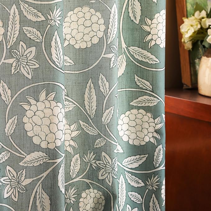 Designer Vintage Linen Printed Curtains, 2 Panels, Floral Pattern Draps by Isaennehomedecoration