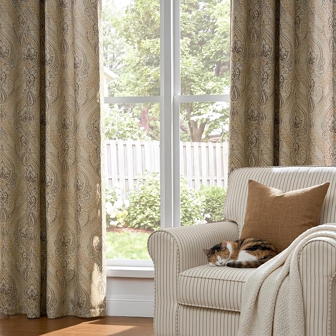 jinchan Taupe Damask Curtains 90 Inch Room Darkening Grommet 2 Panels | - Image 8
