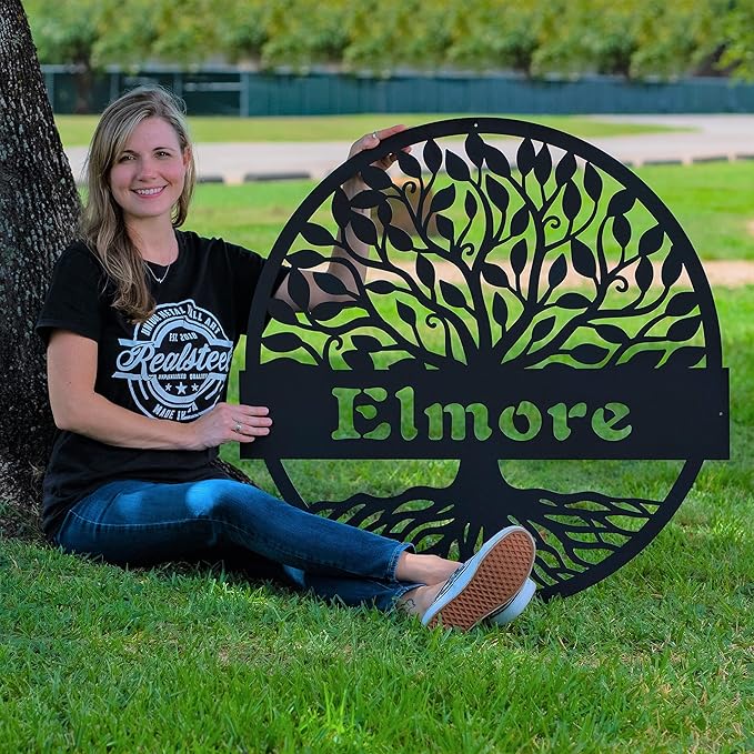 RealSteel Personalized Metal Wall Art - Custom Tree of Life Design with Family Name - Circular Metal Sign - Personalized Wedding, Anniversary, or Housewarming Gift (36")