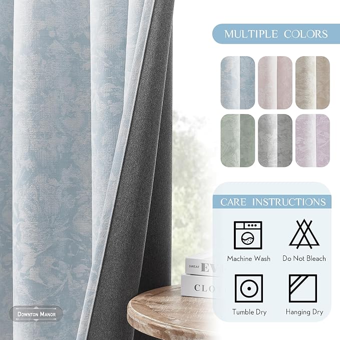 Beauoop Blue Floral Jacquard Blackout Curtains 90 Inches Long 2 Panels - Image 8