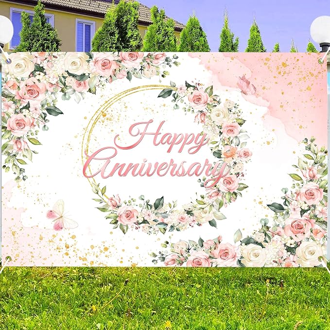 9x6 ft Floral Anniversary Backdrop Banner - Image 4