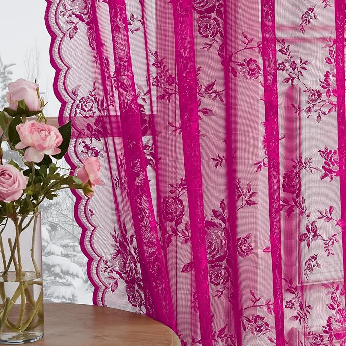 Raspberry Lace Curtains 80 Inches Long 2 Panels Rod Pocket Floral Lace Sheer by SEEKRIGHTHomeDecor