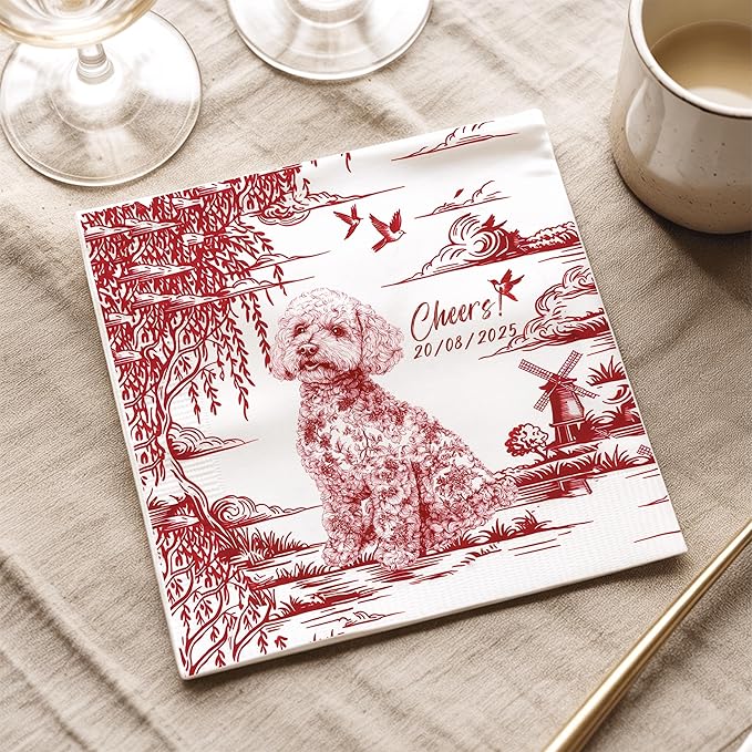 Luxury Personalized Dog Wedding Napkins, Custom Wedding Cocktail Napkins, Blue Floral Cocktail Napkin, Personalized Paper Napkin for Birthday, Engagement Party, Bridal Shower