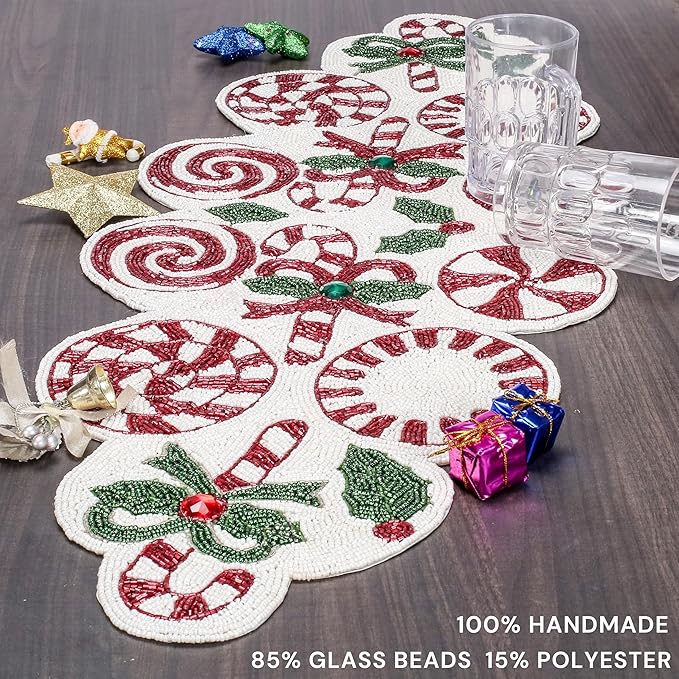 CLEENTABLE Handcrafted Beaded Table Runner – 36"x13" Art Deco Home Decor & Luxury Dinner Table Centerpiece in Vibrant Cherry Reddish with 85% Glass Beads, Durable Polyester Backing