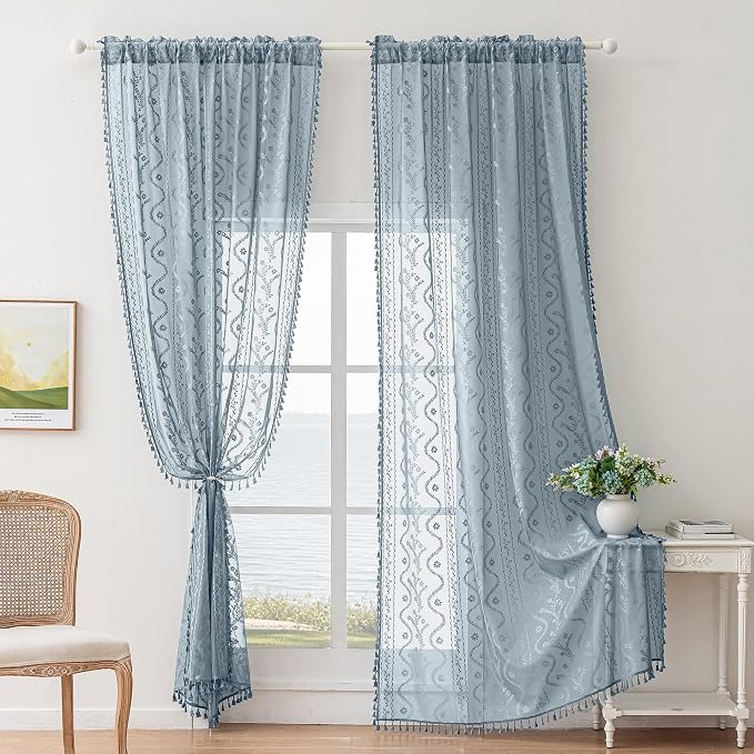 WAZZIO Boho Lace Curtains 2 Panels 84 Inch -Victorian Sheer Panel Drape French - Image 2