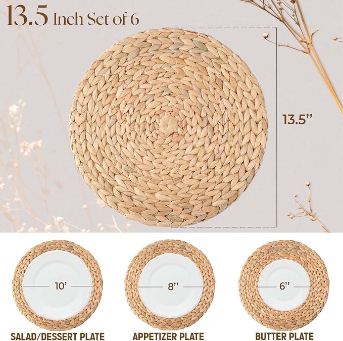 13.5" Water Hyacinth Woven Round Placemats Set of 6 - Image 5