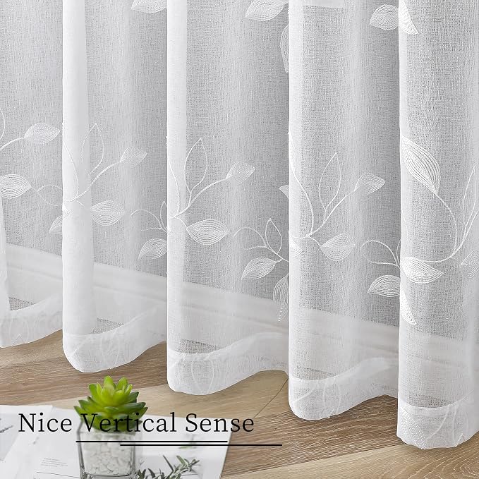 Tollpiz White Leaf Sheer Curtains Bedroom 54 x 84 Inches | Leaves Embroidered - Image 4