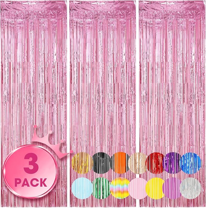 Voircoloria 3 Pack 3.3 x 8.2 ft Light Pink Foil Fringe Backdrop Curtains by Voircoloria