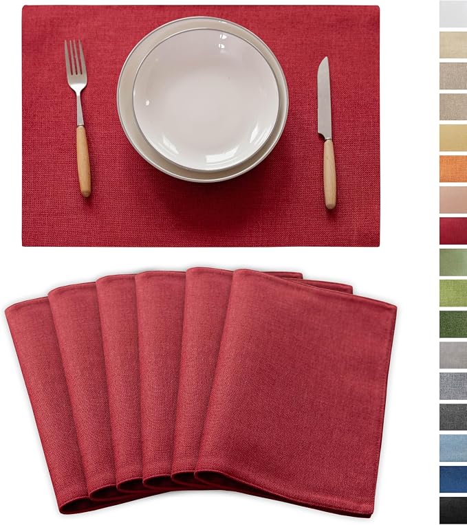 Demetex Placemats Set of 6 Red Linen Wipeable Place Mats Heat Resistant Cloth by DEMETEX