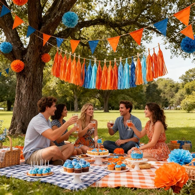 Orange and Blue Tassel Garland Banner, 20 Pack Paper Tassels Streamers - Image 3