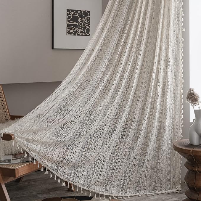 Sutuo Home Crochet Boho Curtain 84 Inches Length, Sheer Lace Handmade Tassels by SutuoHome