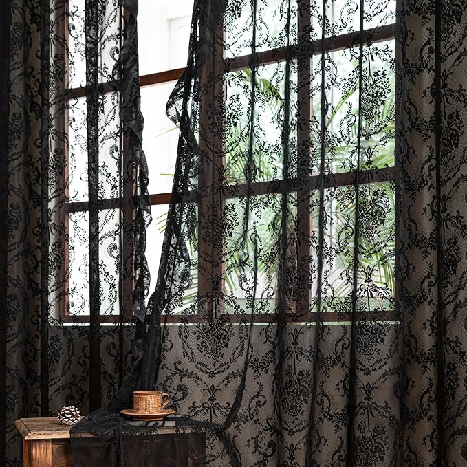 Deeprove Black Lace Curtains 63 Inch Length Set of 2 Panels Pair - Image 5