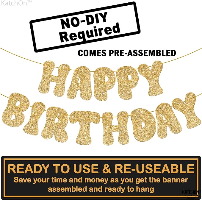 KatchOn Glitter Gold Happy Birthday Banner 10 Feet Birthday Decorations | - Image 4