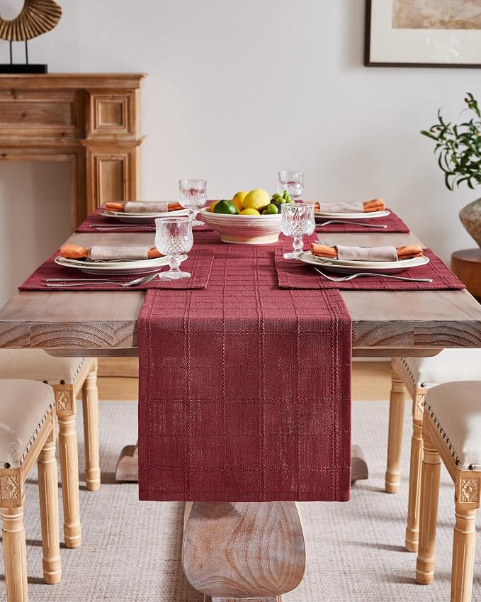 ZeeMart Linen Checked Farmhouse Table Runner, 13x72 Inches Burgundy | Raised - Image 2