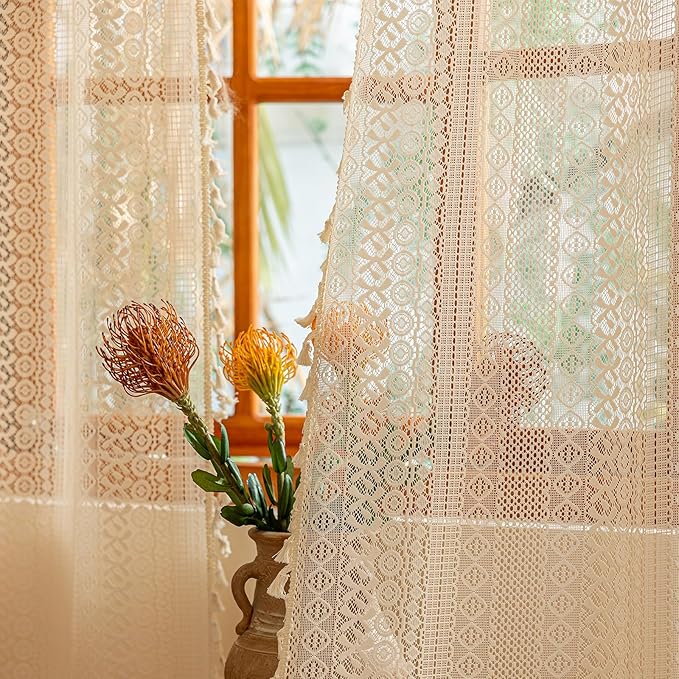 Sutuo Home Beige Boho Lace Curtains 84 inches Long, Crochet Macrame Bohemian by SutuoHome