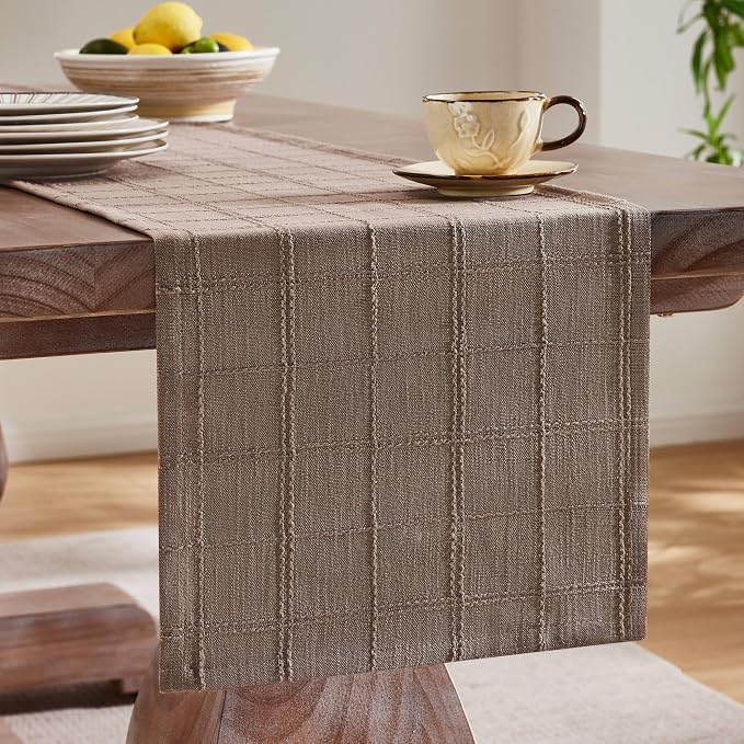 Linen Checked Farmhouse Table Runner, 13x60 Inches Cocoa Brown | Raised Grid - Image 4