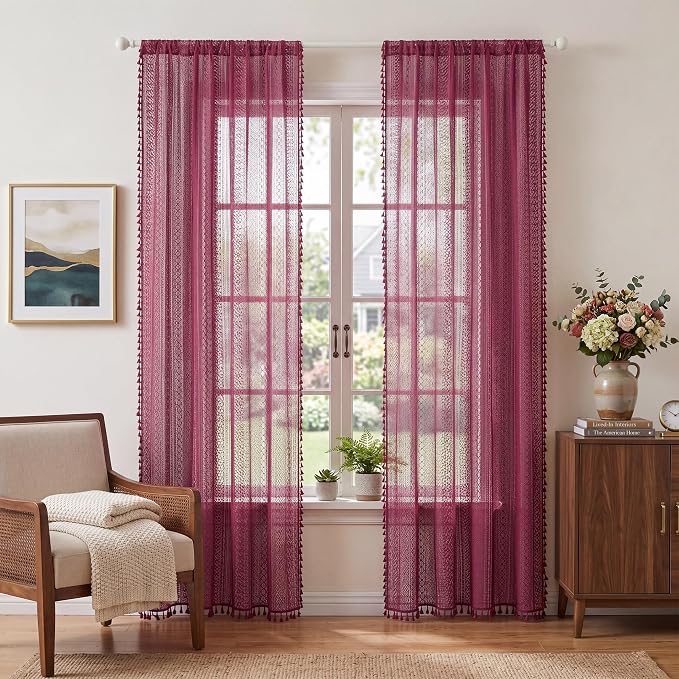 WAZZIO Boho Lace Curtains 63 Inches 2 Panel, Light Filtering Privacy Tassel & - Image 10