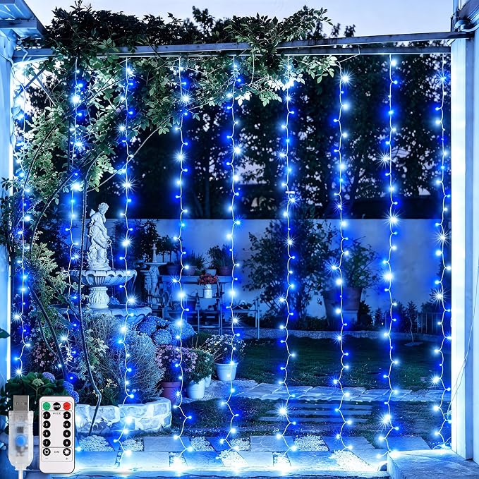 JMEXSUSS 200 LED USB Curtain Lights Blue and White | Remote Curtain Christmas by JMEXSUSS