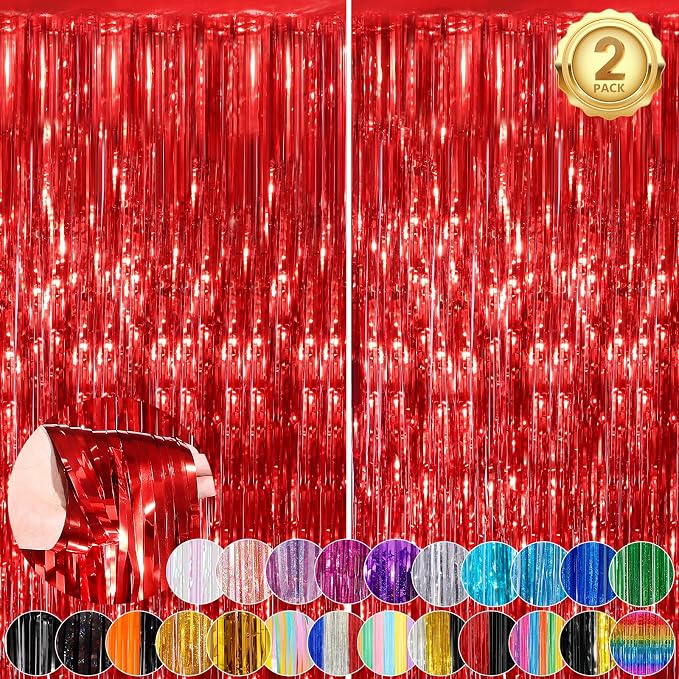 Red Streamers Foil Fringe Curtain 3.3 x 8.3ft Party Streamers 2Pack Metallic - Image 4