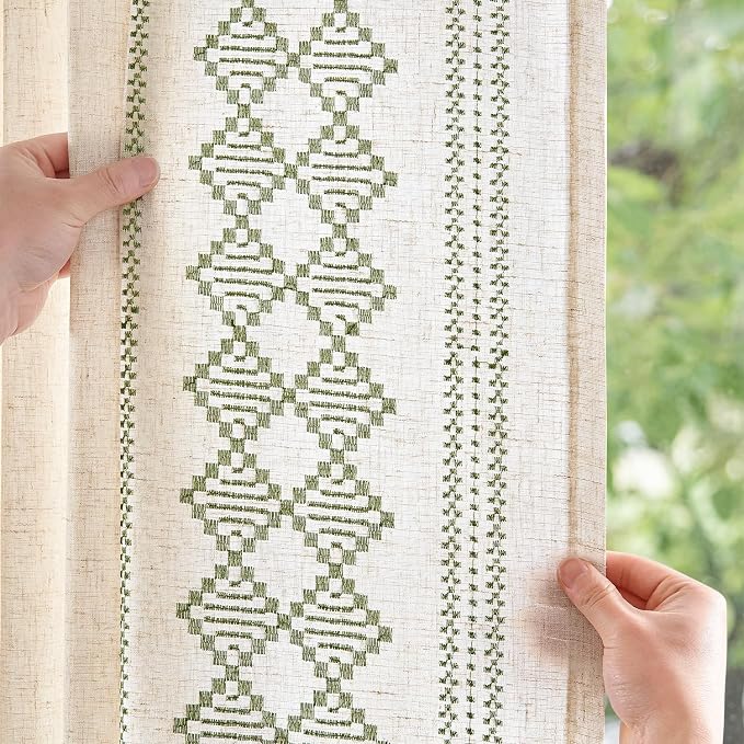jinchan Floral Linen Curtains Embroidered Back Tab 50x84in 2 Panels Green | - Image 4